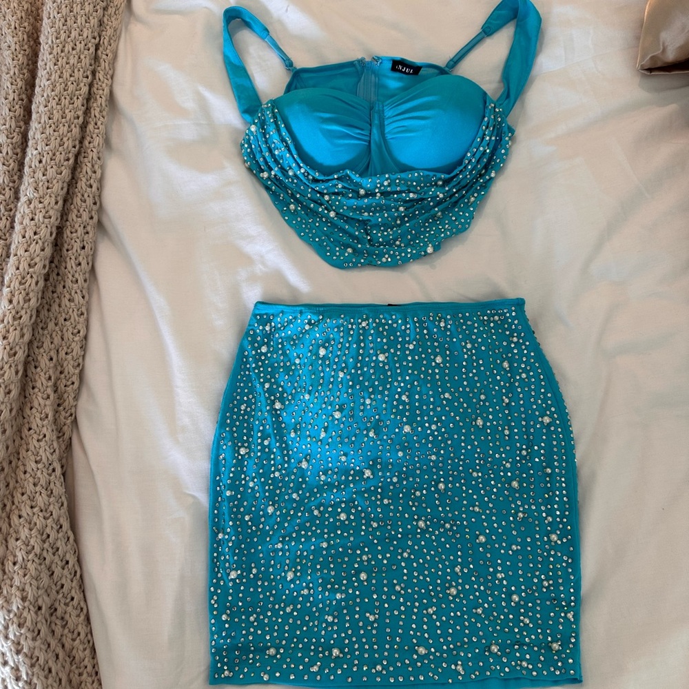 Two piece blue skirt sequin set